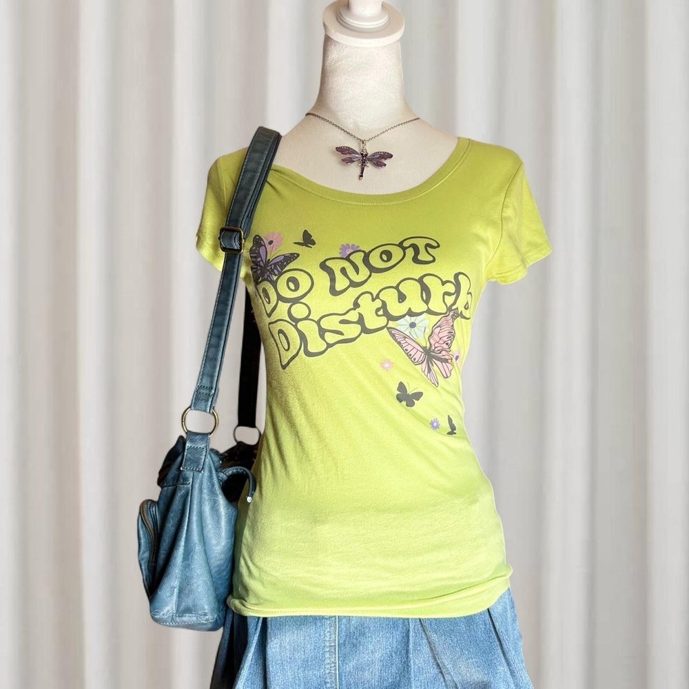Y2k Kids Lime Green Purple Butterfly 70s style Do Not Disturb Retro Baby Tee
